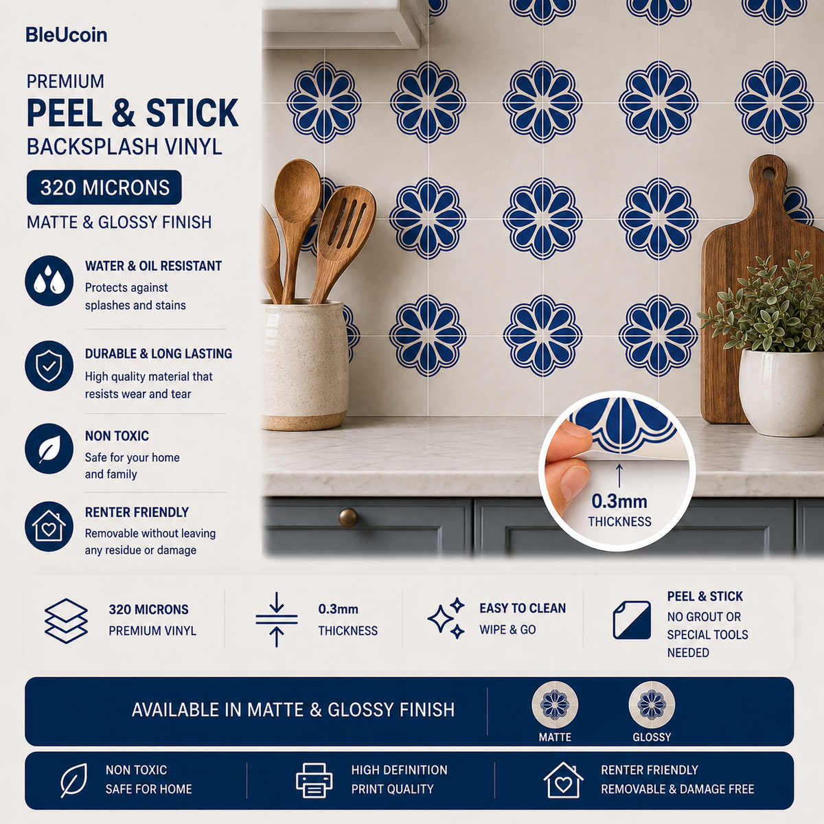 Jaipur Ink – Navy Blue & White Floral Peel & Stick Tile