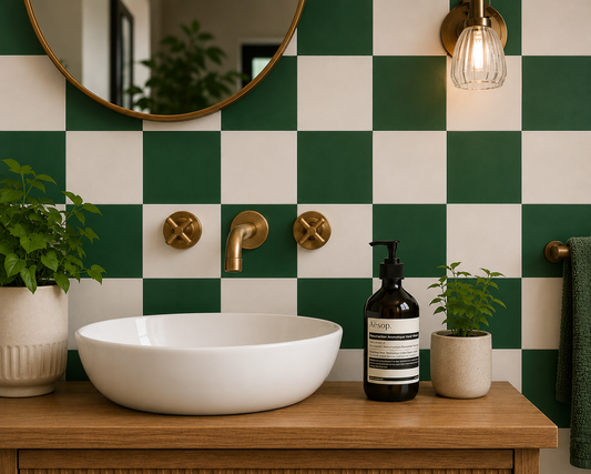 Moss Green & off White Checker Peel & Stick Tile