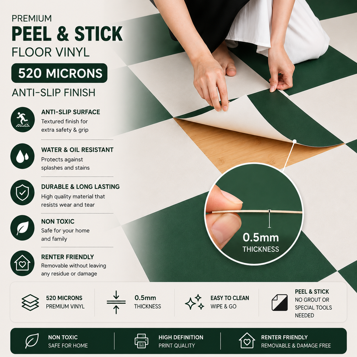 Moss Green & off White Checker Anti Slip Flooring