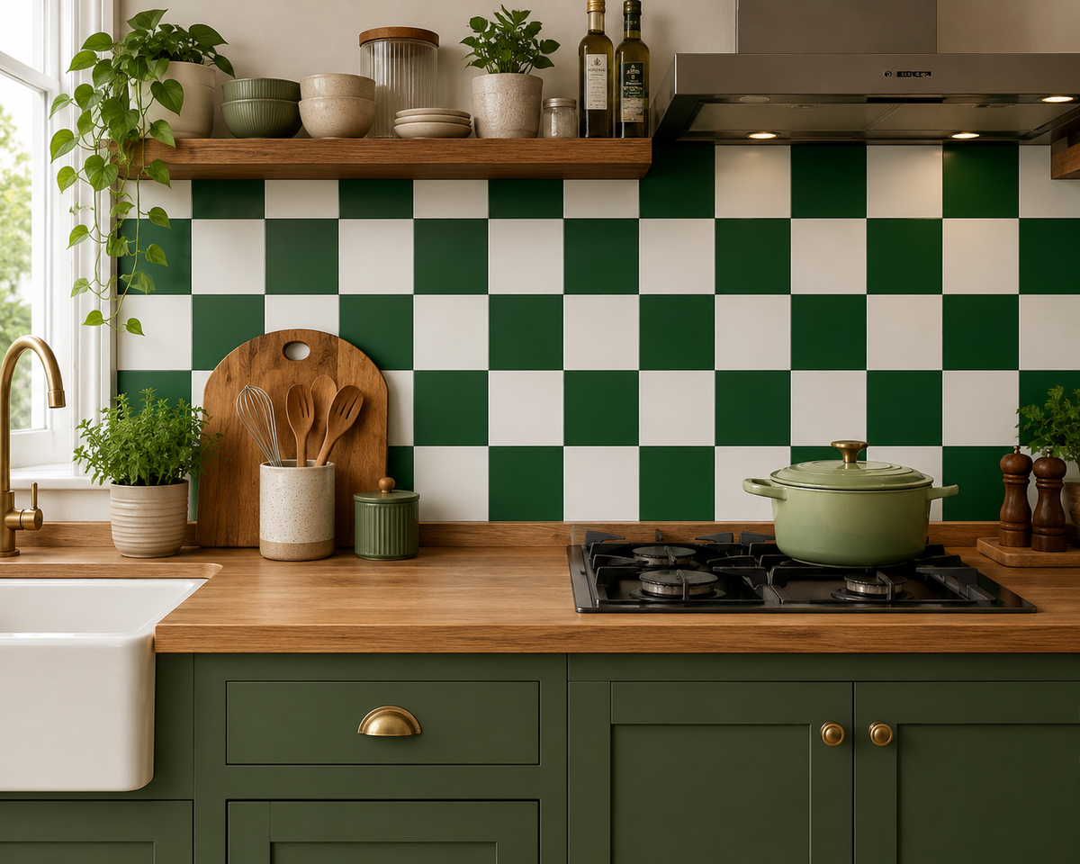 Moss Green & off White Checker Peel & Stick Tile