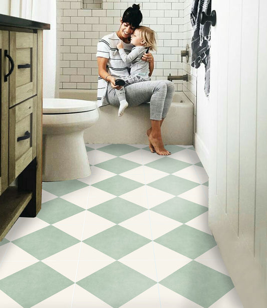 Diamond Checker Mint & Off White Peel & Stick Anti Slip Flooring